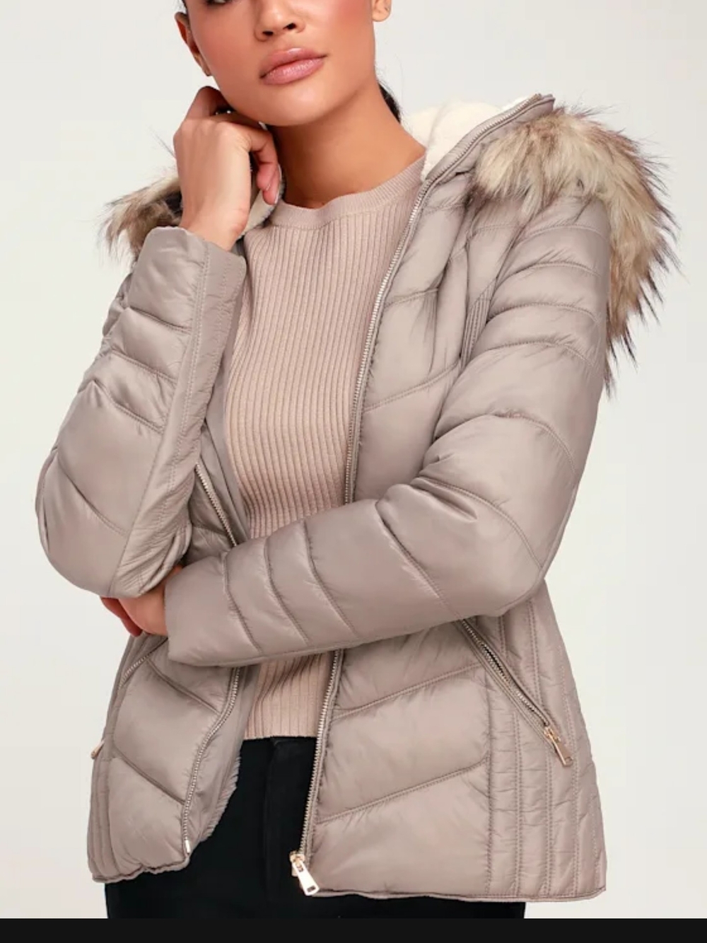 Taupe Quilted Puffer Jacket with Hood- removable